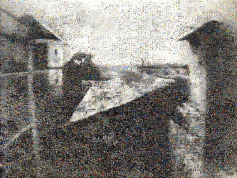 Joan Fontcuberta’s Googlegram: Niépce (2005), 10,000 screen captures laid over a digital reproduction of the world's oldest photograph. This image also from the exhibit, After Photoshop: Manipulated Photography in the Digital Age.